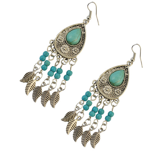 E-3736  Bohemian 2 styles owl shape leaf shape silver plated natural turquoise pendant hook earrings for women jewelry