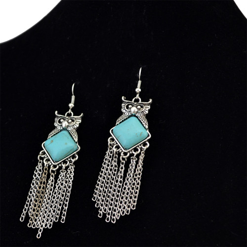 E-3736  Bohemian 2 styles owl shape leaf shape silver plated natural turquoise pendant hook earrings for women jewelry