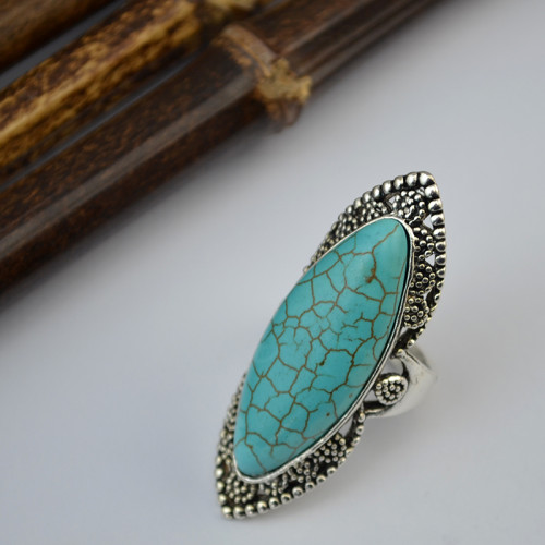 R-1340    Bohemian Vintage Classic Style Silver Plated Green Turquoise Finger Jewelry Rings for Women