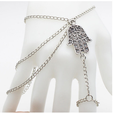 B-0675  Fashion multilayer tassel alloy chain silver bracelet carved flower hand shape bracelets for women jewelry