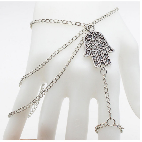 B-0675 Fashion multilayer tassel alloy chain silver bracelet carved flower hand shape bracelets for women jewelry