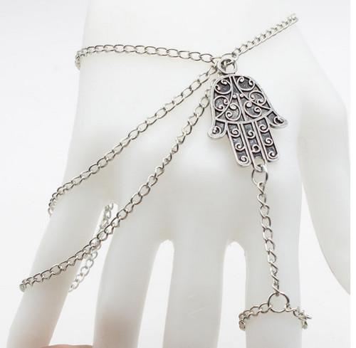 B-0675  Fashion multilayer tassel alloy chain silver bracelet carved flower hand shape bracelets for women jewelry