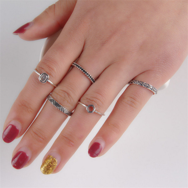 R-1342    5 Pcs/set Bohemian Style Vintage Silver/Gold Alloy  Nail Midi Rings Sets Women Jewelry