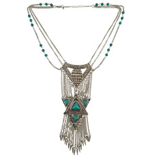 N-5780 Bohemian Retro Silver Plated Chains Turquoise Bead Long Tassel Irregular Geometry Rivet Pendant Necklace for Women