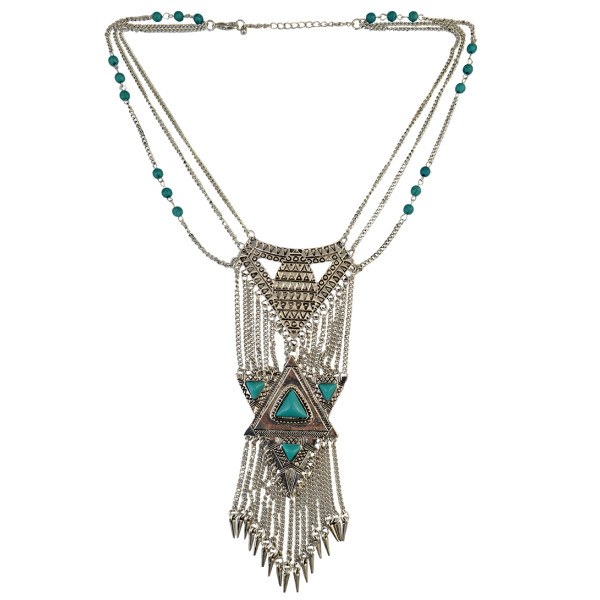 N-5780 Bohemian Retro Silver Plated Chains Turquoise Bead Long Tassel Irregular Geometry Rivet Pendant Necklace for Women