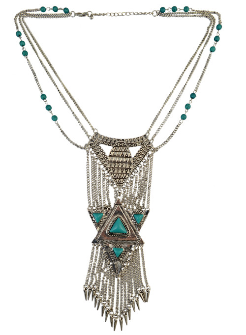 N-5780 Bohemian Retro Silver Plated Chains Turquoise Bead Long Tassel Irregular Geometry Rivet Pendant Necklace for Women
