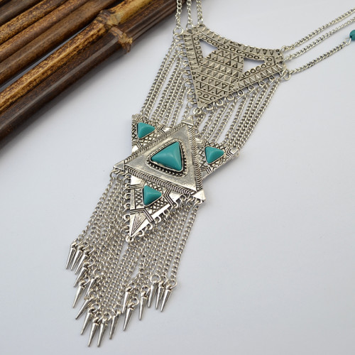 N-5780 Bohemian Retro Silver Plated Chains Turquoise Bead Long Tassel Irregular Geometry Rivet Pendant Necklace for Women