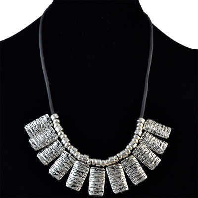 N-6140  Bohemian Style Leather Silver Plated Rectangle Alloy Pendant Necklace for Gypsy Festival Jewelry
