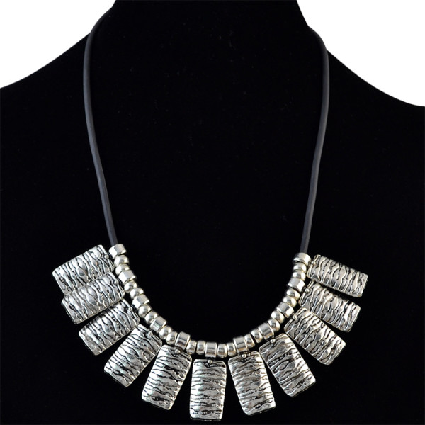 N-6140  Bohemian Style Leather Silver Plated Rectangle Alloy Pendant Necklace for Gypsy Festival Jewelry