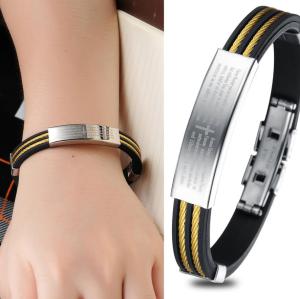 B-0686  Black Silicone Silver Stainless Steel Chain Wristband Bracelet fashion jewelry