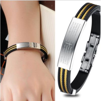 B-0686  Black Silicone Silver Stainless Steel Chain Wristband Bracelet fashion jewelry