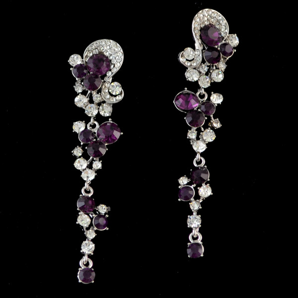 E-3693 New Fashion Silver Plated Black/Clear/Purple Rhinestone Crystal Flower Long Tassel Drop Earrings For Women Jewelry