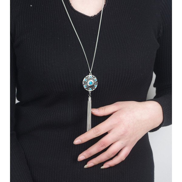 N-6150 2016 Newest Design Fashion Necklaces &Pendants 2 Styles Silver Plated Alloy Blue Turquoise Beads Chain Tassel Leave Tassel Round Circle Pendants Long Necklaces Females Jewelry