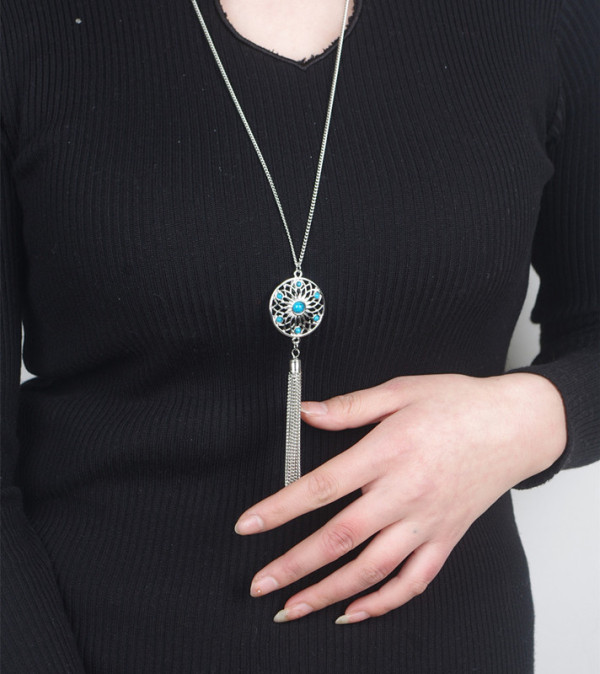 N-6150 2016 Newest Design Fashion Necklaces &Pendants 2 Styles Silver Plated Alloy Blue Turquoise Beads Chain Tassel Leave Tassel Round Circle Pendants Long Necklaces Females Jewelry