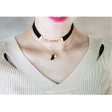 N-6148 Fashion gold plated leather chain drop pearl statement bib necklace