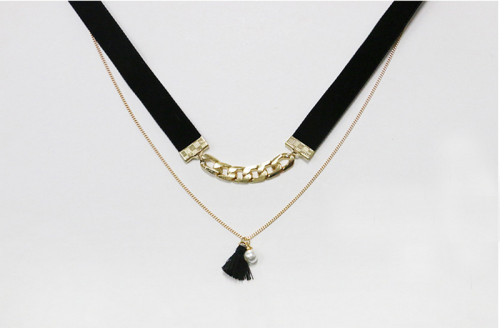N-6148 Fashion gold plated leather chain drop pearl statement bib necklace