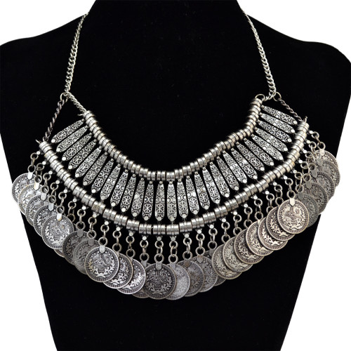 N-5048  Bohemia Vintage Style Golden Silver Zamac Jewelry Handcraft Carving Metal Coin Fringe Statement Necklace Boho Gypsy Beachy Ethnic Tribal Festival Jewelry Turkish
