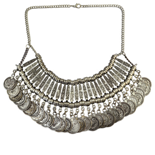 N-5048  Bohemia Vintage Style Golden Silver Zamac Jewelry Handcraft Carving Metal Coin Fringe Statement Necklace Boho Gypsy Beachy Ethnic Tribal Festival Jewelry Turkish
