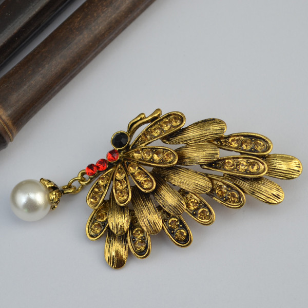 P-0318  Retro silver gold plated wings brooch rhinestone pearl diamante fashion pin