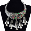 N-6171  Bohemian Style Antique Silver Collars Choker Carved Flower Chinese Classical Elements Peacock Shape Pendant Round Metal Sheet Bell Statement Necklace Women Jewelry