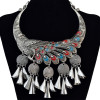 N-6171  Bohemian Style Antique Silver Collars Choker Carved Flower Chinese Classical Elements Peacock Shape Pendant Round Metal Sheet Bell Statement Necklace Women Jewelry