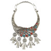 N-6171  Bohemian Style Antique Silver Collars Choker Carved Flower Chinese Classical Elements Peacock Shape Pendant Round Metal Sheet Bell Statement Necklace Women Jewelry