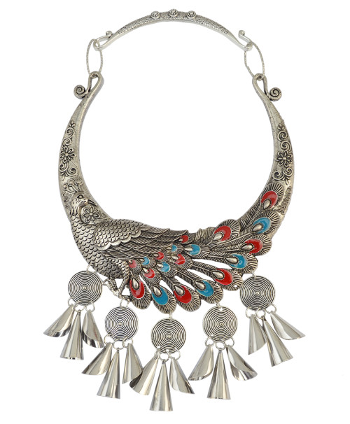 N-6171  Bohemian Style Antique Silver Collars Choker Carved Flower Chinese Classical Elements Peacock Shape Pendant Round Metal Sheet Bell Statement Necklace Women Jewelry