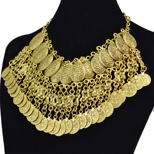 N-6170   ohemian Style Antique Silver Gold Alloy Fashion Chunky Necklaces Carved Flower Tassel Coins Pendant Bib Statement Necklace Women Jewelry