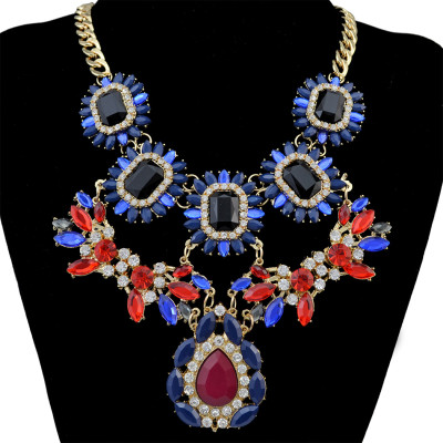 New Arrival  2 colors Flower Gold Plated  Alloy chains adjustable  crystal  resin rhinestone drop flower Statements necklace