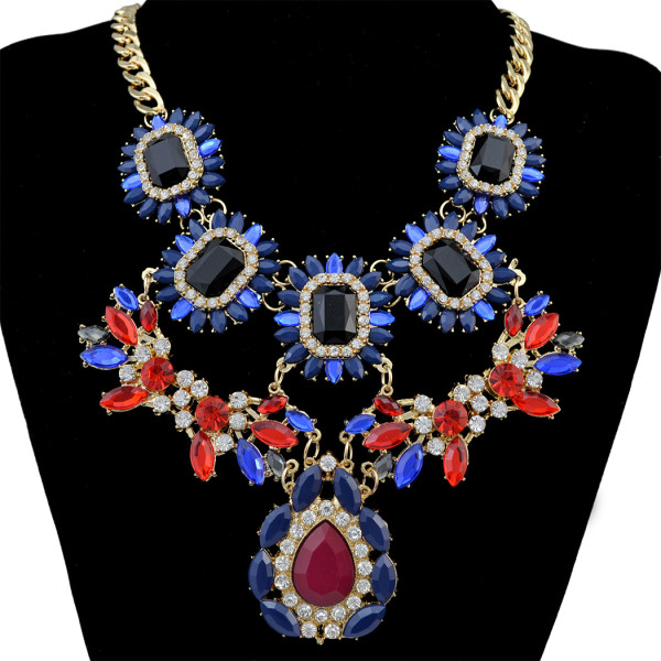 New Arrival  2 colors Flower Gold Plated  Alloy chains adjustable  crystal  resin rhinestone drop flower Statements necklace