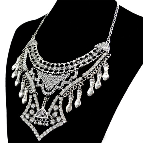 N-6172  Women's Fashion Silver Plated Tassels Full Rhinestone Beads Bell Pendant Necklace for Wedding Bridal