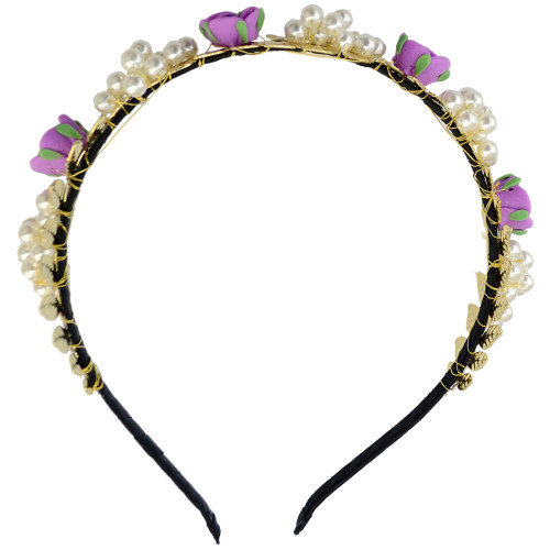F-0283 Fashion New Wedding Hairband Gold Plated Charms Pink Flower Pearl Hair Bridal Accessory Jewelry for Woman Girls Gift