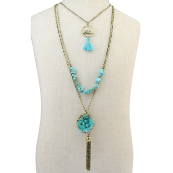 N-6187  Vintage 3 Multilayers Turquoise Beads Bronze Tassel Rope Necklace Pandant Necklaces