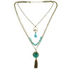 N-6187  Vintage 3 Multilayers Turquoise Beads Bronze Tassel Rope Necklace Pandant Necklaces