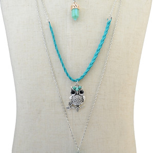 N-6190 Women's Jewelry  Silver 3 Multilayers Chain Owl Design Turquoise Pendant Necklace