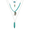 N-6190 Women's Jewelry  Silver 3 Multilayers Chain Owl Design Turquoise Pendant Necklace