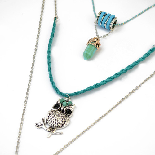 N-6190 Women's Jewelry  Silver 3 Multilayers Chain Owl Design Turquoise Pendant Necklace