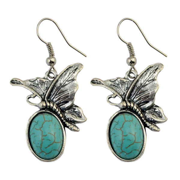 E-3763   Bohemian style silver plate cute butterfly turquoise dangle earrings fashion jewelry