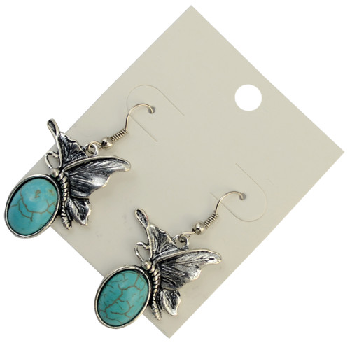 E-3763   Bohemian style silver plate cute butterfly turquoise dangle earrings fashion jewelry