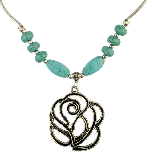 N-6202  Bohemian Silver Chain Beads Turquoise Flower Pendant Choker Bib Necklace Short
