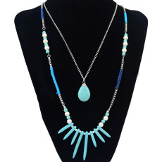 N-6205  Bohemian Style 2 Layer Silver Chains Fashion Necklaces Natural Turquoise Beads Pearls Pendant Necklace Women Jewelry
