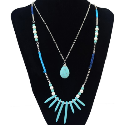 N-6205  Bohemian Style 2 Layer Silver Chains Fashion Necklaces Natural Turquoise Beads Pearls Pendant Necklace Women Jewelry