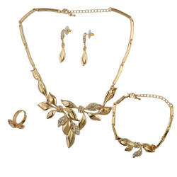 N-6216 Fashion Punk Style Leaf Shape Gold Necklace Crystal Rhinestone Choker Necklace Bracelet Ring And Earrings For Women Jewelry Set