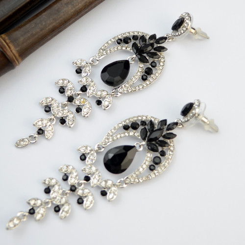 E-3774  Elegant Women Fashion Ear Jewelry Long Dangle Drop Earrings Rhinestone Leaves Christmas gifts for Women