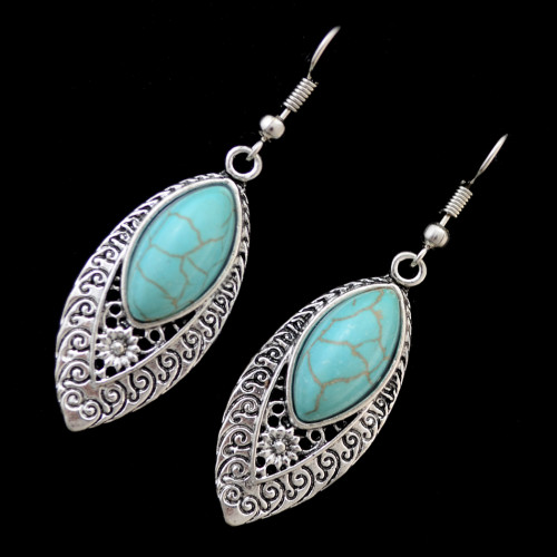 E-3772  Bohemian Antique Silver Fashion Earring Natural Turquoise Bead Dangle Earrings For Women Jewelry