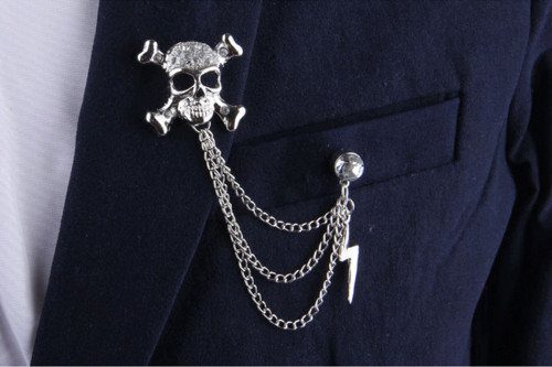 P-0327  2016 Fashion Gold/Silver Plated Punk Crystal Rhinestone  Skull Brooch Pins  Chain  Men Brooches  Jewelry