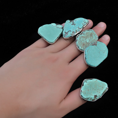 R-1358   Bohemian Fashion silver plated irregular turquoise beads finger ring jewelry
