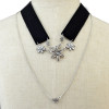 N-6235 Korea Fashion Black Pink Leather Chain Choker Necklace Flower Crystal 2 Chains Necklace Jewelry