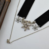 N-6235 Korea Fashion Black Pink Leather Chain Choker Necklace Flower Crystal 2 Chains Necklace Jewelry
