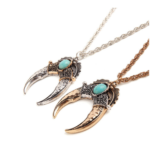 N-6231 Bohemian Style Gold Silver Chain Natural Turquoise Beads Carved Flower Pendant Necklace Women Jewelry